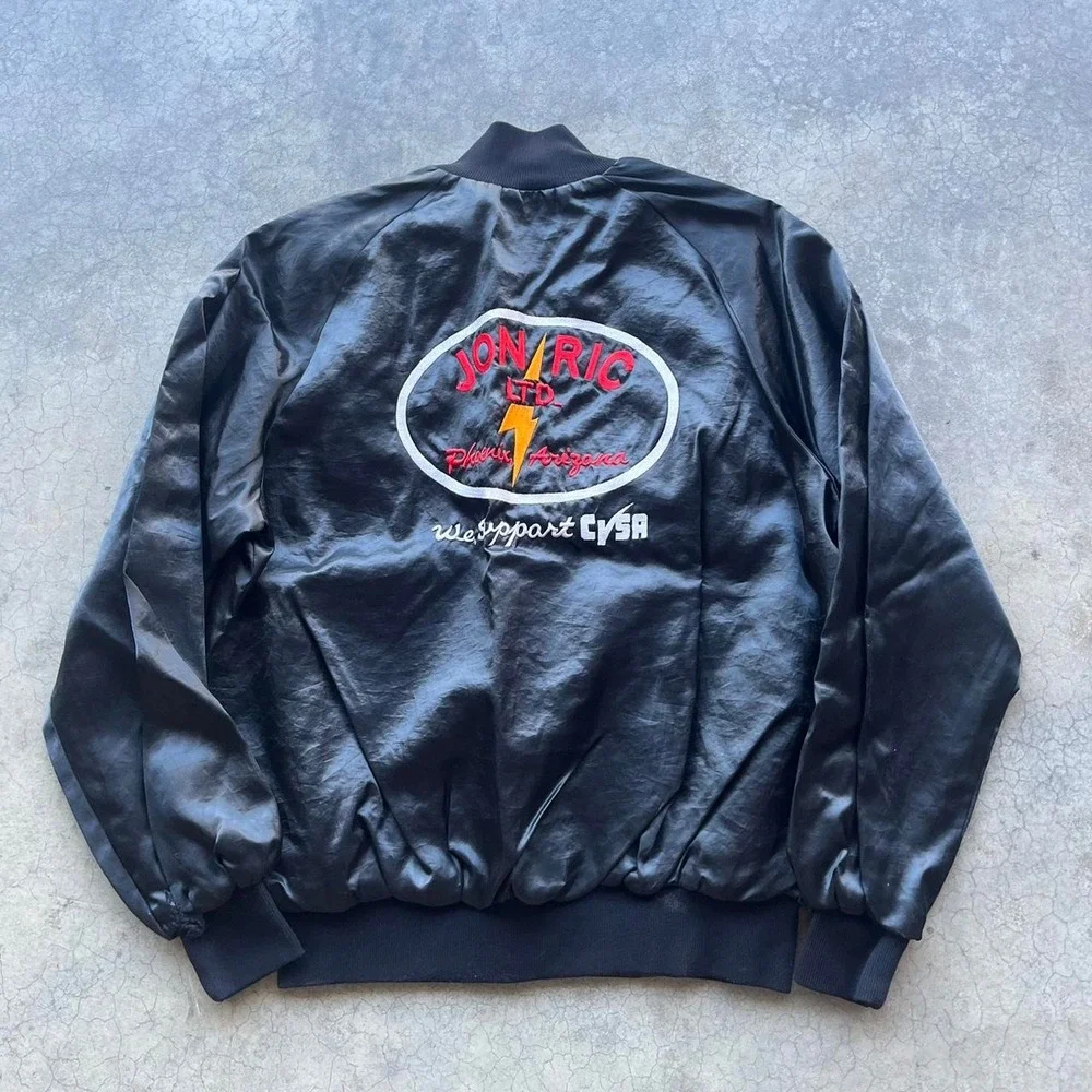 Vintage black satin bomber jacket Linda John Rick ltd Large